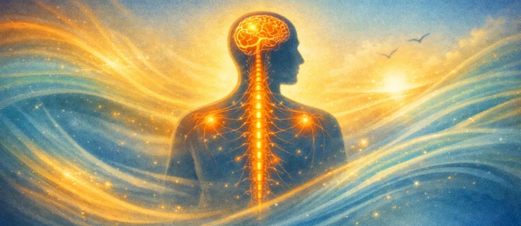 Infographic - top part of a person in waves showing the brain in orange