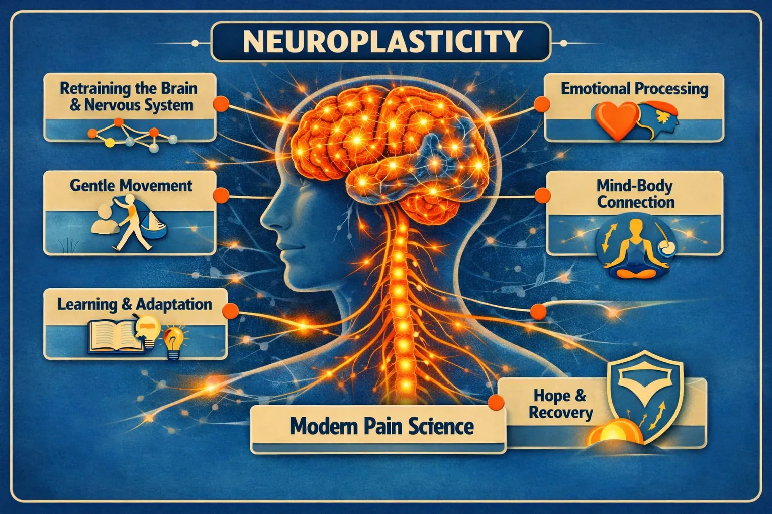Modern pain science graphic with a brain in the centre