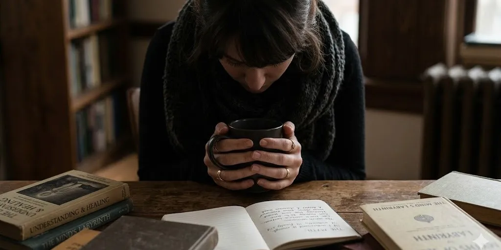 Person looking down into a mug they are holding with both hands