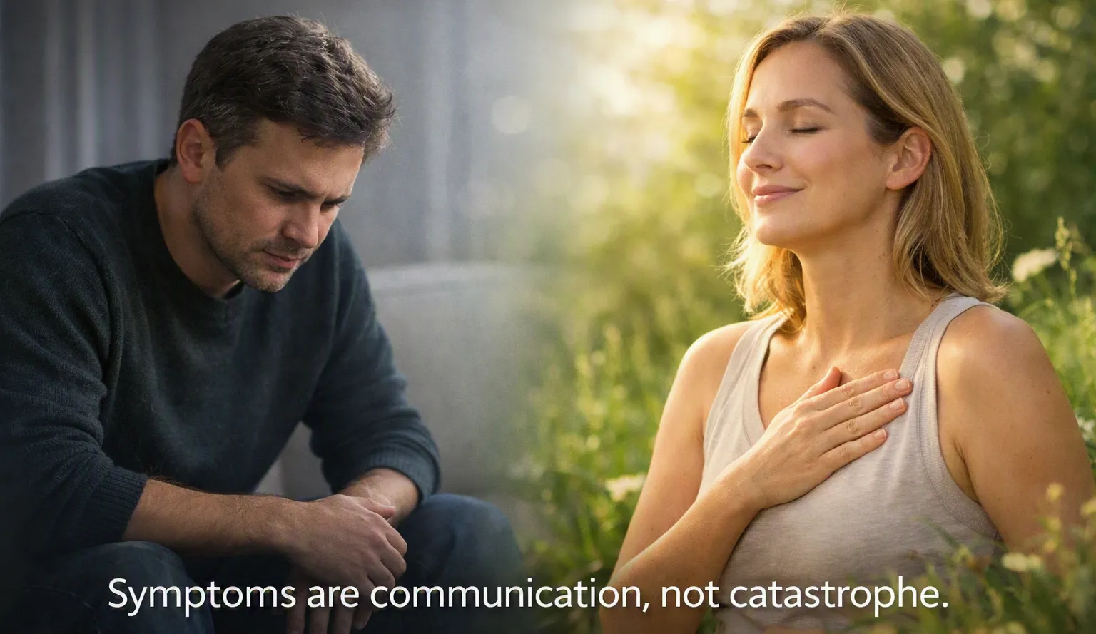 man looking hurt on the left, woman with hand on heart smiling on the right